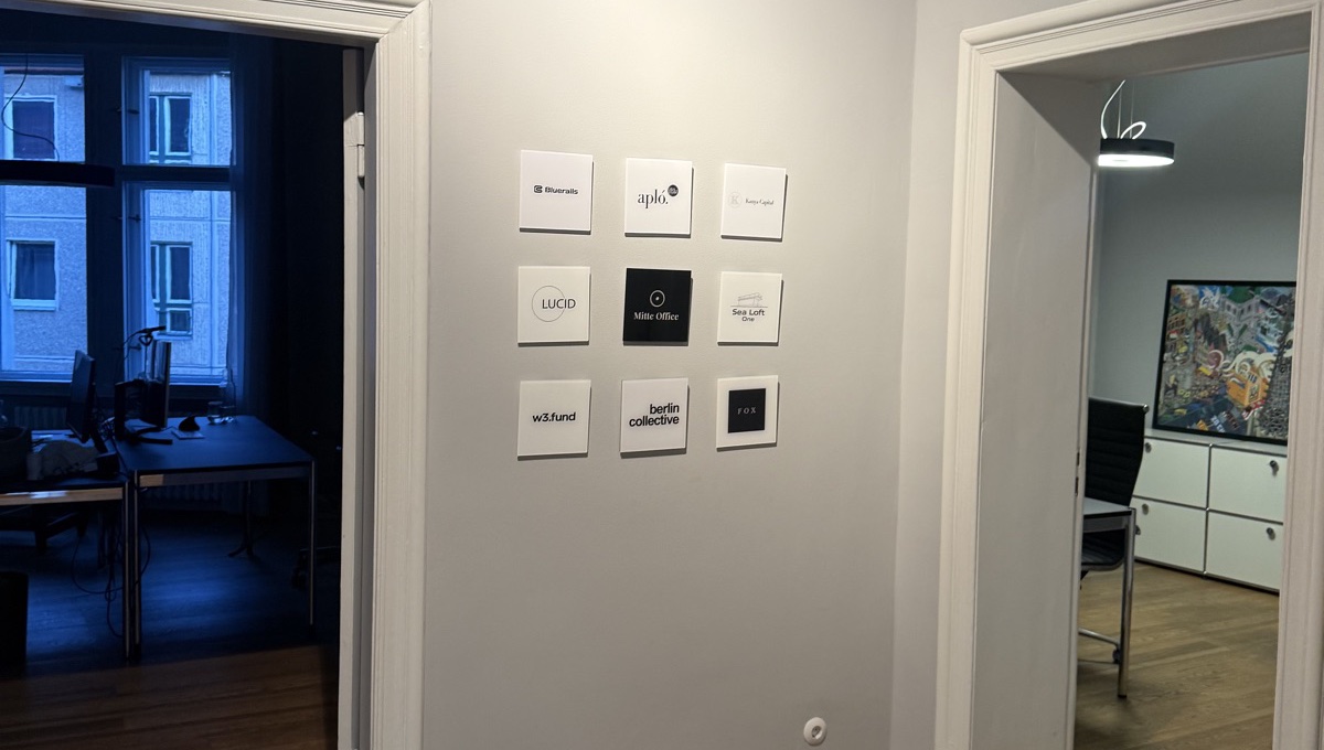 Company nameplates in the entrance hallway